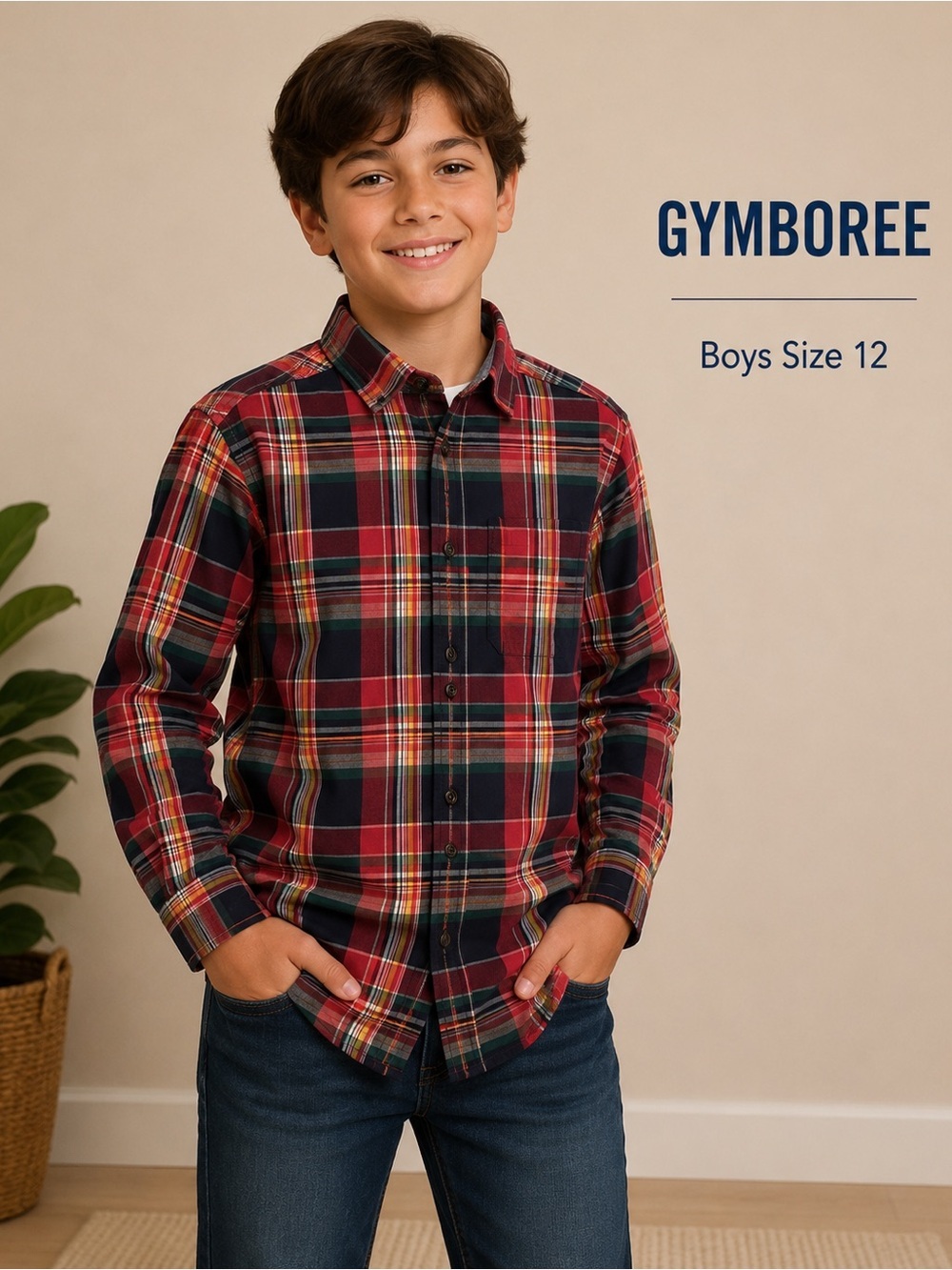 GYMBOREE boys Plaid Shirt casual classic Red and Green/size 12